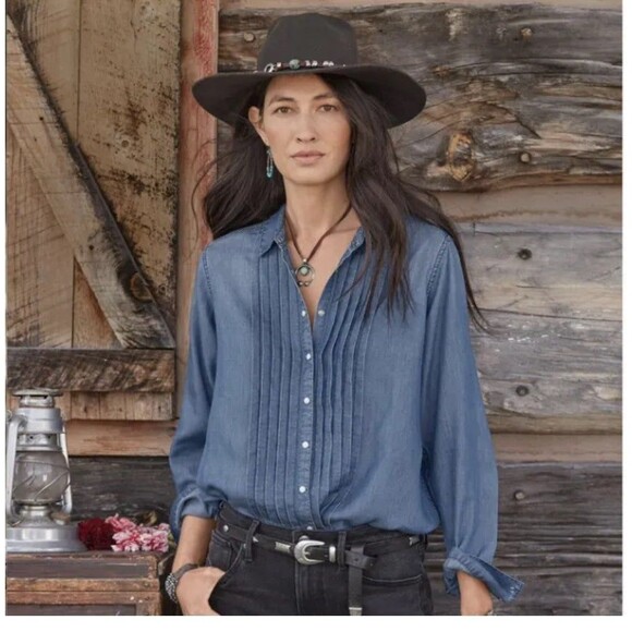 Sundance Tessa Chambray tencel with pearlized snaps back pleats shirtail hem 2XL - Picture 1 of 4